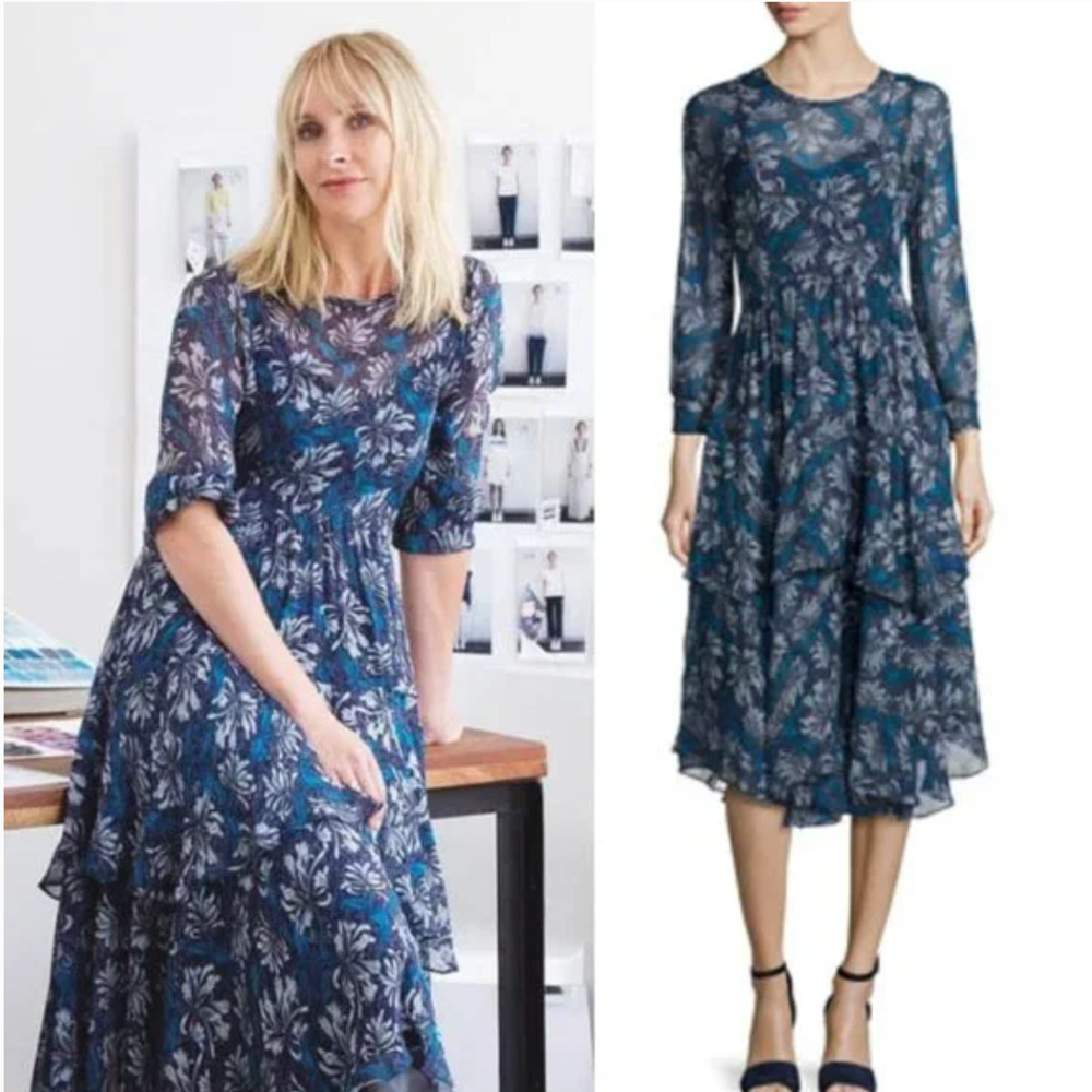 Rebecca Taylor Mystic Silk Chiffon Midi Dress 8 Navy Blue Floral Dark Romantic